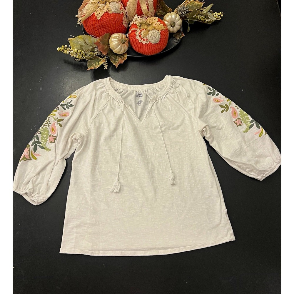 Croft & Barrow White Pink Floral Embroidered Tassel Tie VNeck Blouse sz L Cotton